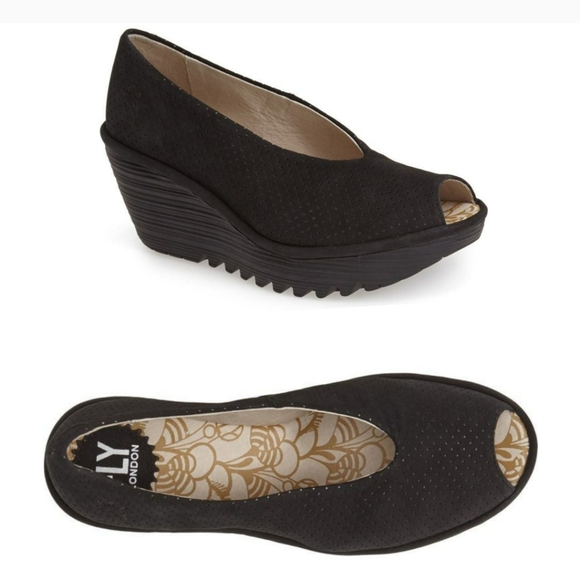 Fly London Shoes - Fly London Black Yury Perforated Peep Toe Wedges